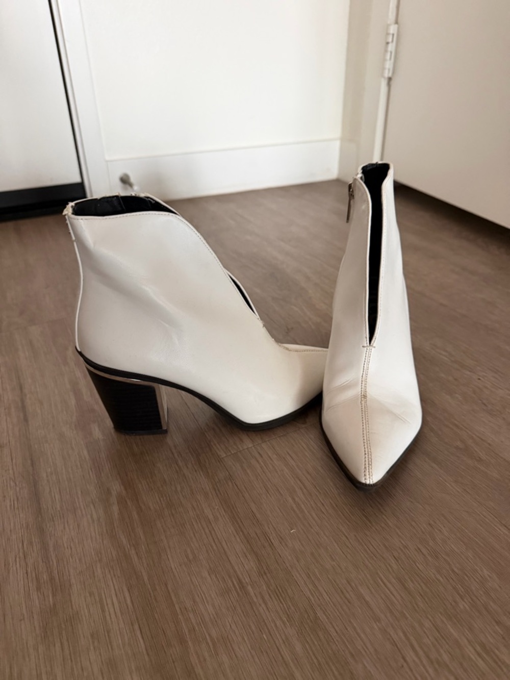 White Pointed Toe Block Heel Ankle Boots - Women